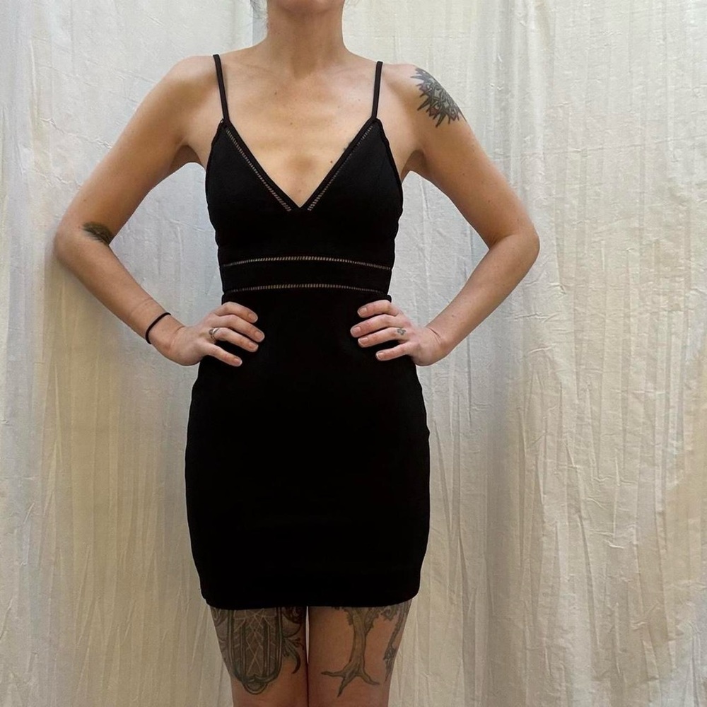 Black V-Neck Mini Dress with Chest and Neckline Cut Out Detailing LBD - Picture 2 of 8